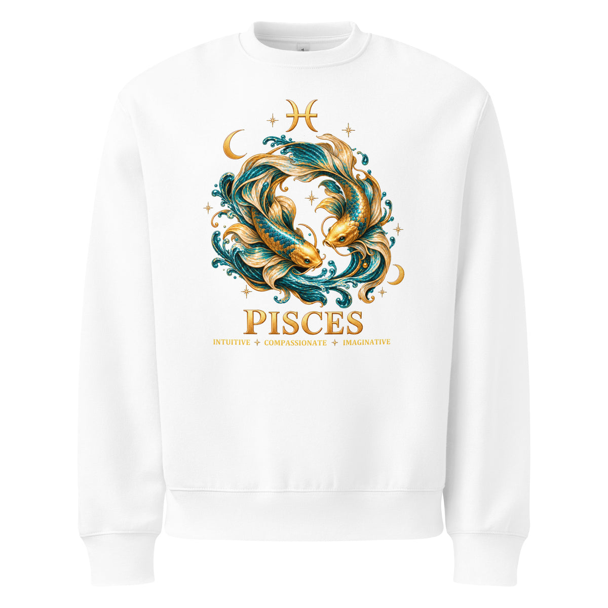 Pisces zodiac oversized sweatshirt in white, front: two gold and teal koi in a night sky of gold stars with the Pisces glyph