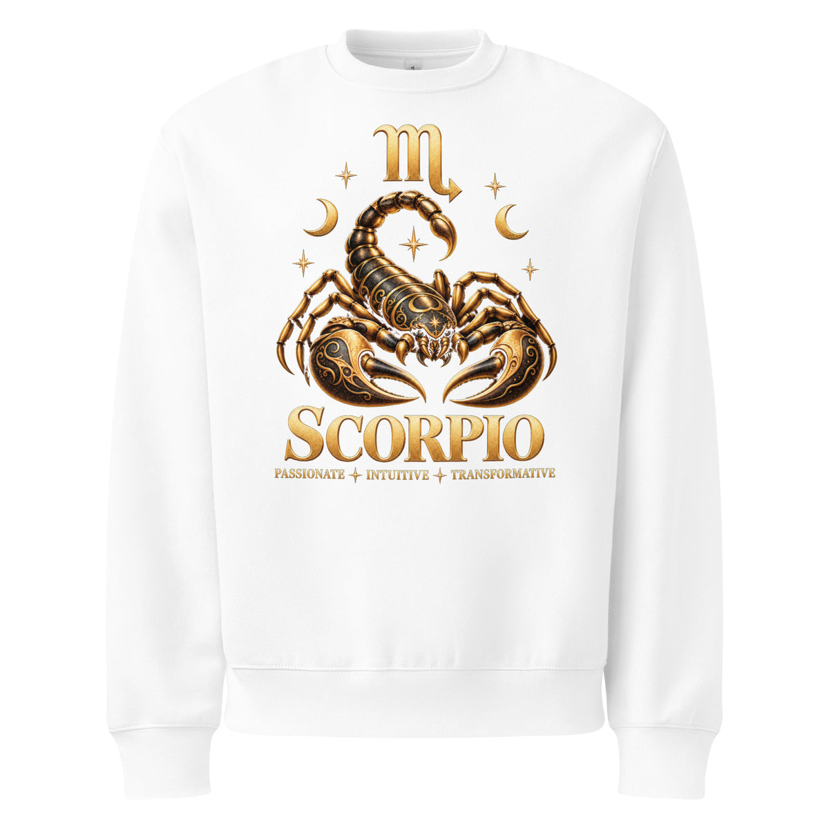 Scorpio zodiac oversized sweatshirt in white, front: a golden scorpion in a night sky of gold stars with the Scorpio glyph