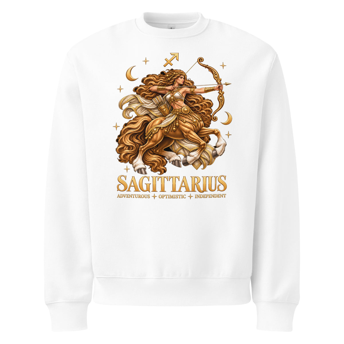 Sagittarius zodiac oversized sweatshirt in white, front: a golden centaur archer in a night sky of gold stars with the Sagittarius glyph