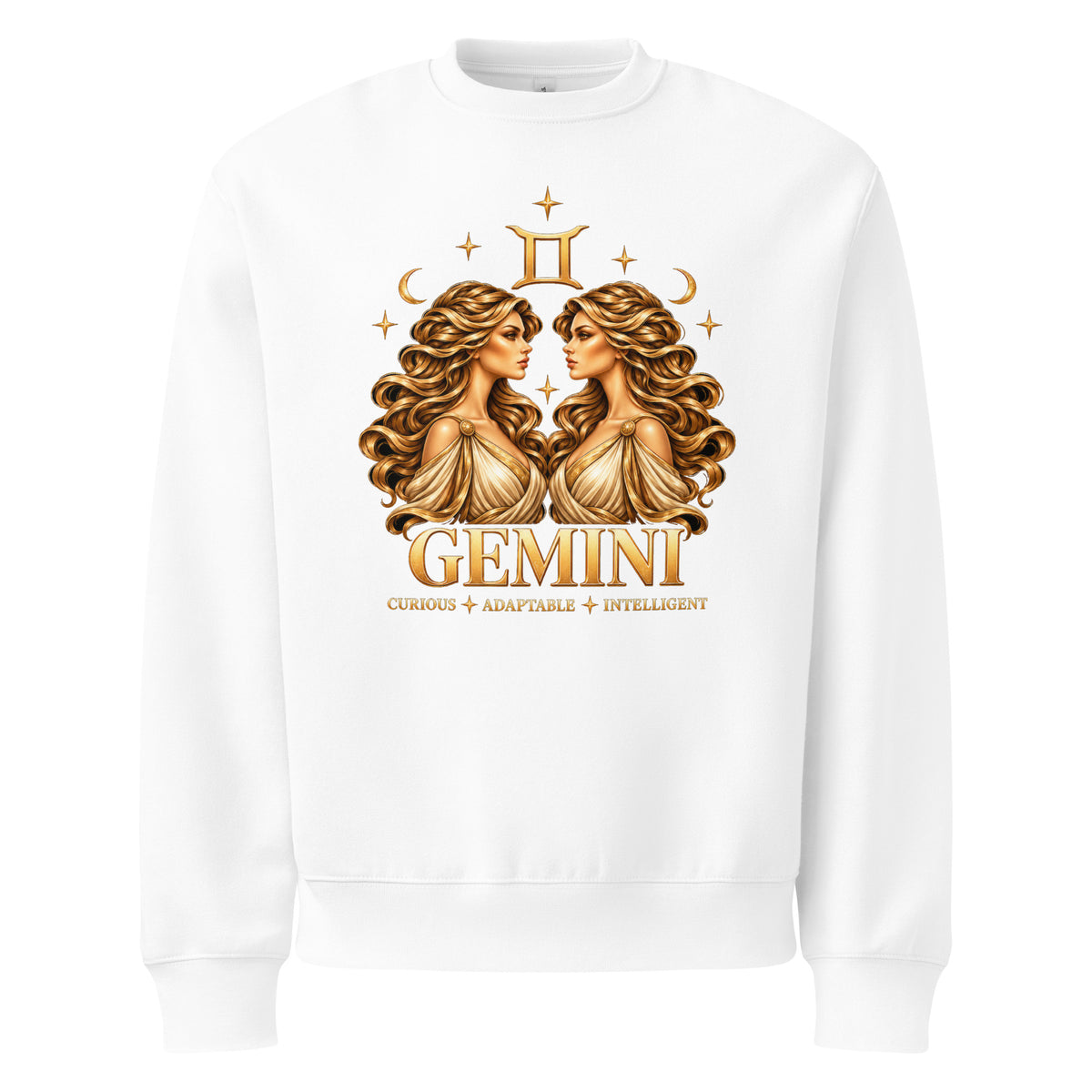 Gemini zodiac oversized sweatshirt in white, front: golden twins face to face in a night sky of gold stars