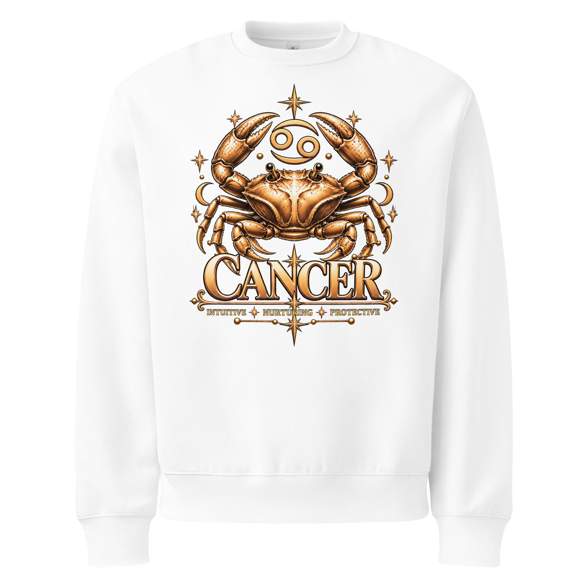 Cancer zodiac oversized sweatshirt in white, front: a golden crab with claws raised in a night sky of gold stars