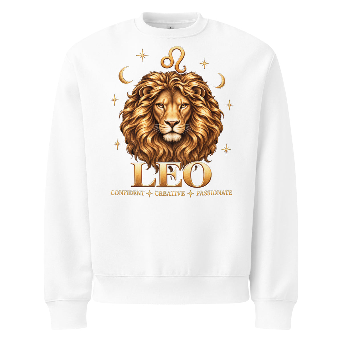 Leo zodiac oversized sweatshirt in white, front: a golden lion with a full flowing mane in a night sky of gold stars