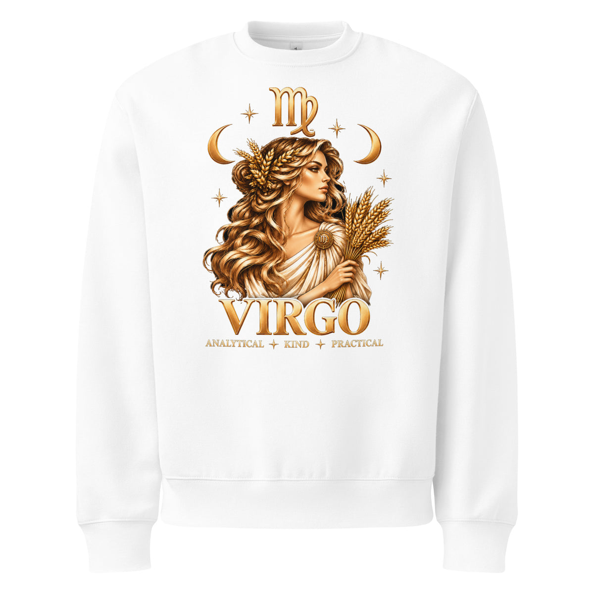 Virgo zodiac oversized sweatshirt in white, front: a golden maiden holding a sheaf of wheat in a night sky of gold stars