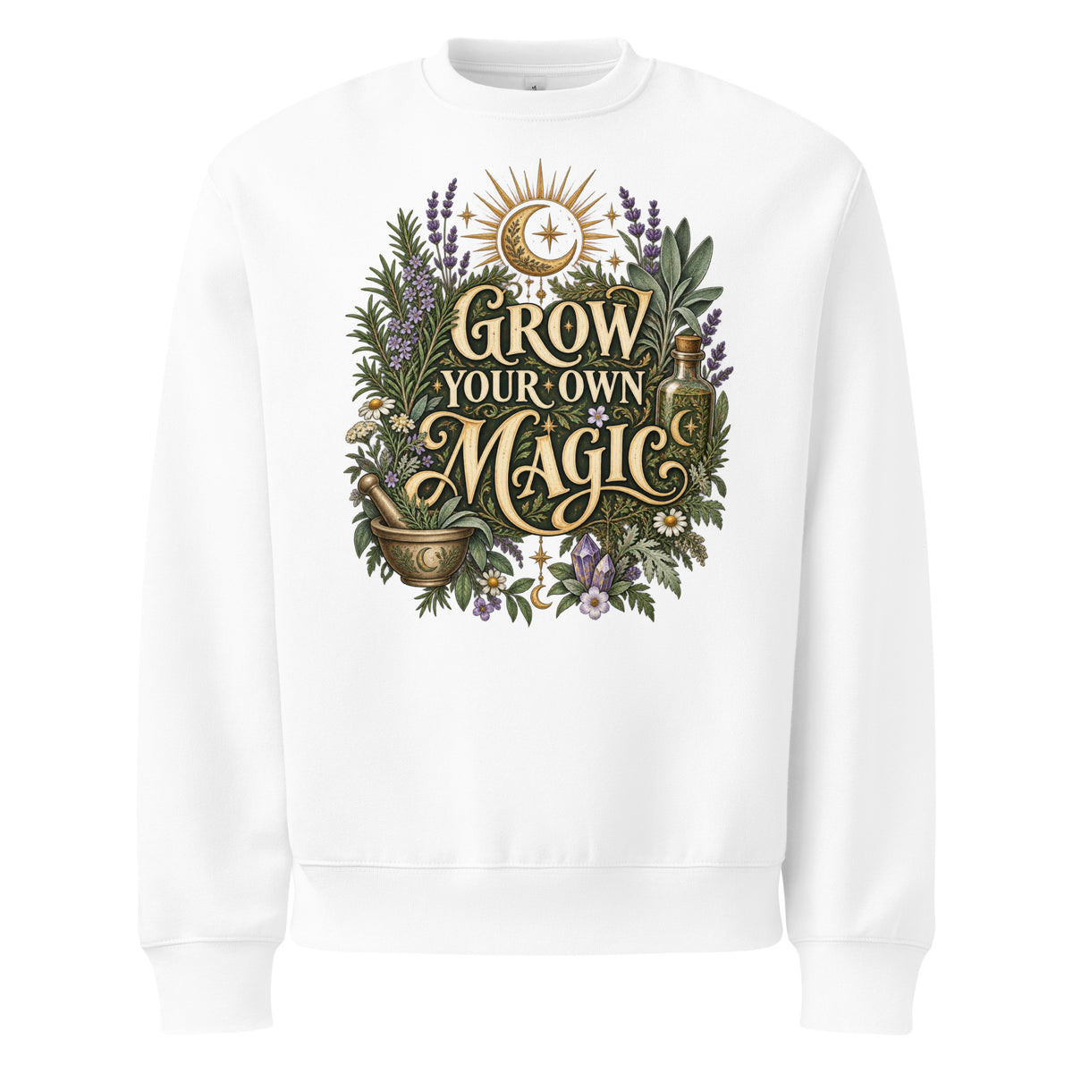 Grow Your Own Magic herbology design, herbs and a golden moon, on a white oversized sweatshirt, front view