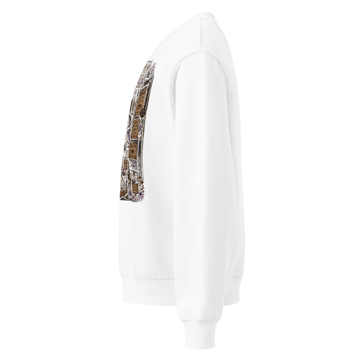 My Apothecary Has Trust Issues, a witchy black cat and a cabinet of potion bottles, on a white oversized heavyweight sweatshirt, left side view