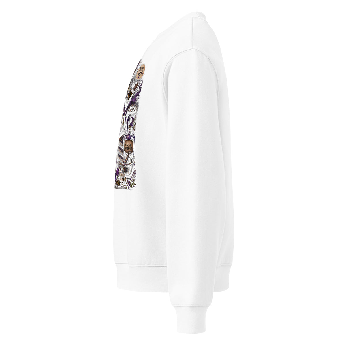 Mostly Harmless whimsigoth design, a potion bottle with a long warning label, on a white oversized heavyweight sweatshirt, left side view