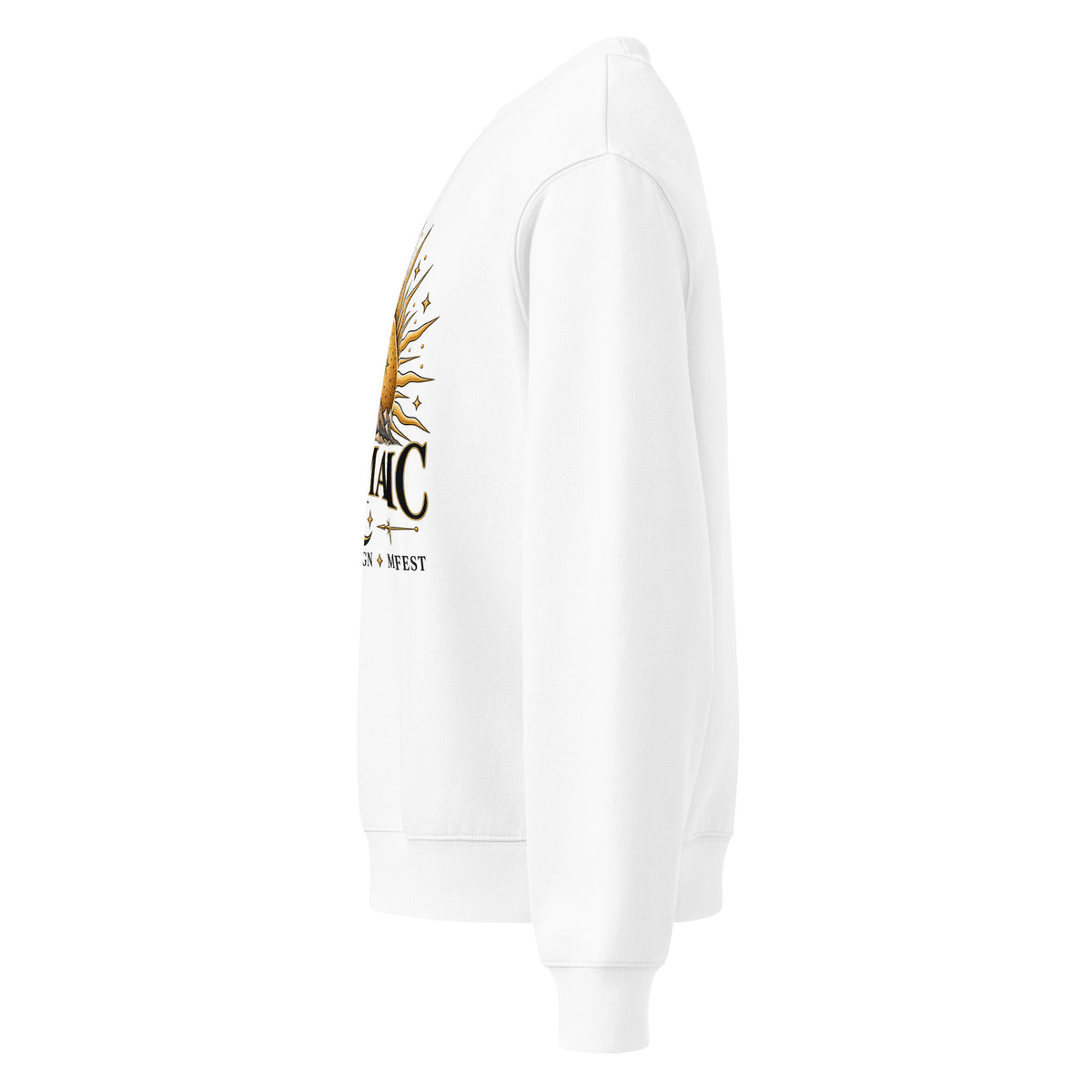 I Am Magic design with a gold sun face, Be Magical collection, on a white oversized heavyweight sweatshirt, left side view