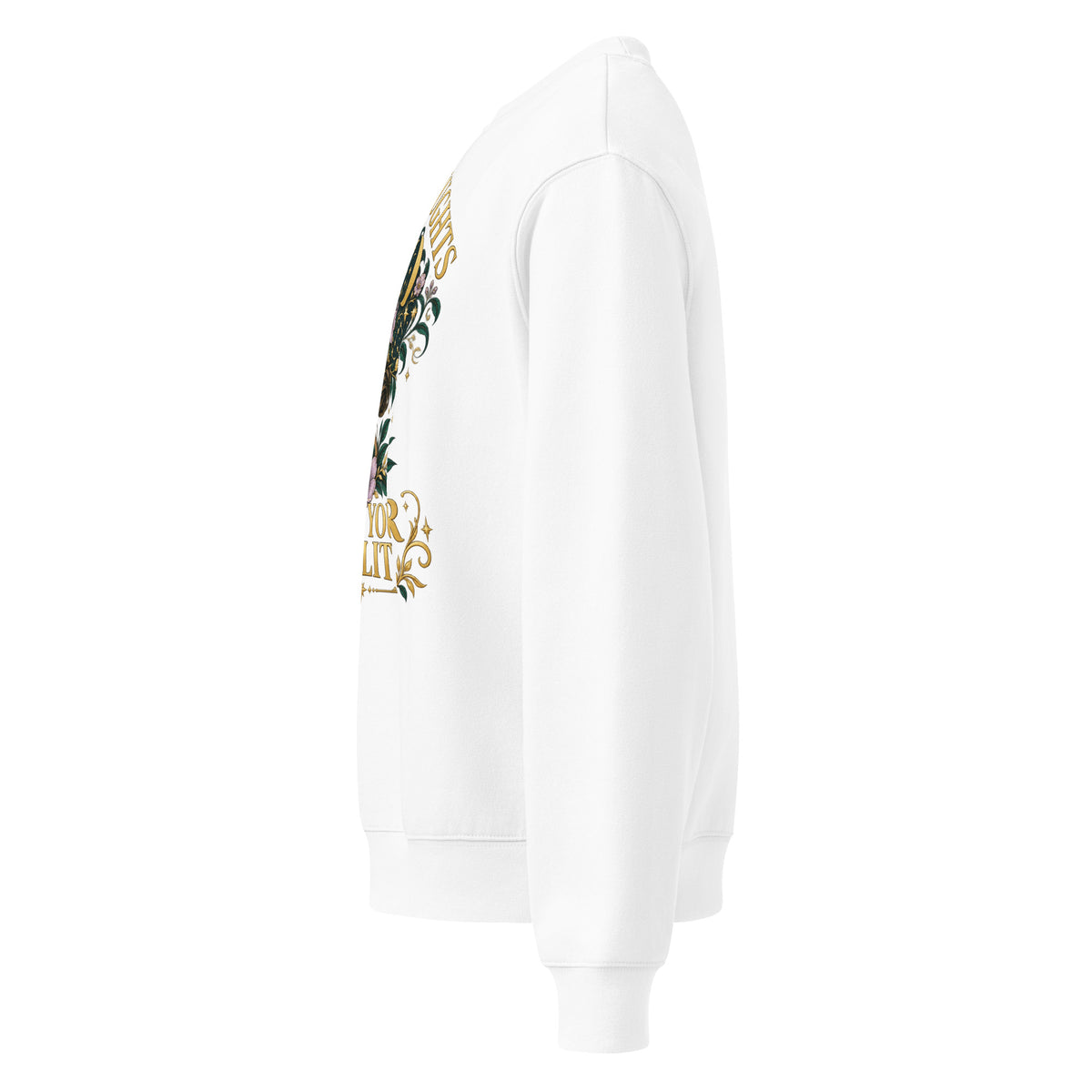 Your Thoughts Shape Your Reality oversized sweatshirt in white, left side, showing the dropped sleeve and relaxed fit.