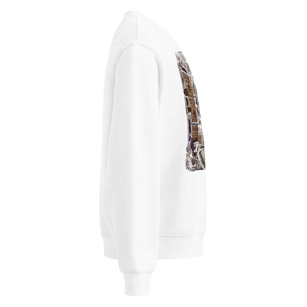 My Apothecary Has Trust Issues, a witchy black cat and a cabinet of potion bottles, on a white oversized heavyweight sweatshirt, right side view