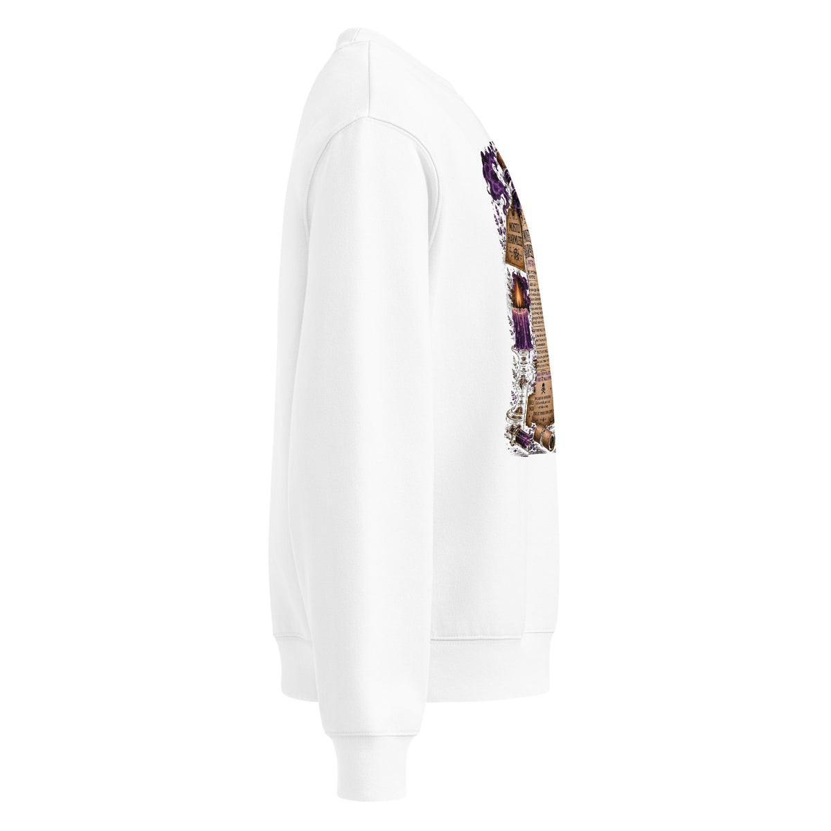 Mostly Harmless whimsigoth design, a potion bottle with a long warning label, on a white oversized heavyweight sweatshirt, right side view
