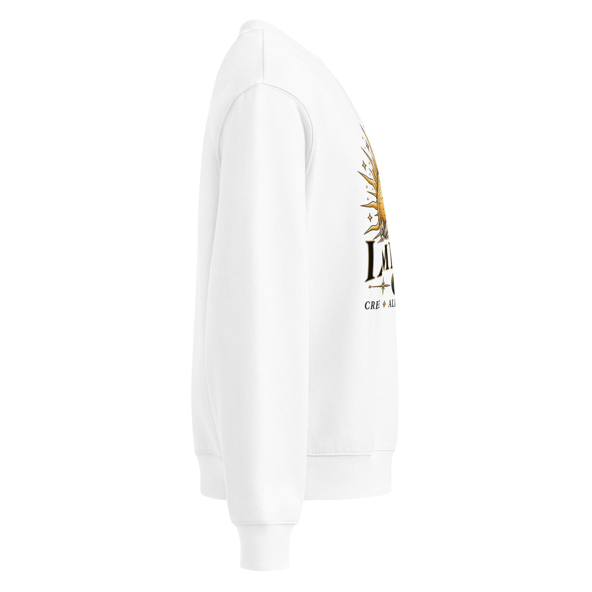 I Am Magic design with a gold sun face, Be Magical collection, on a white oversized heavyweight sweatshirt, right side view