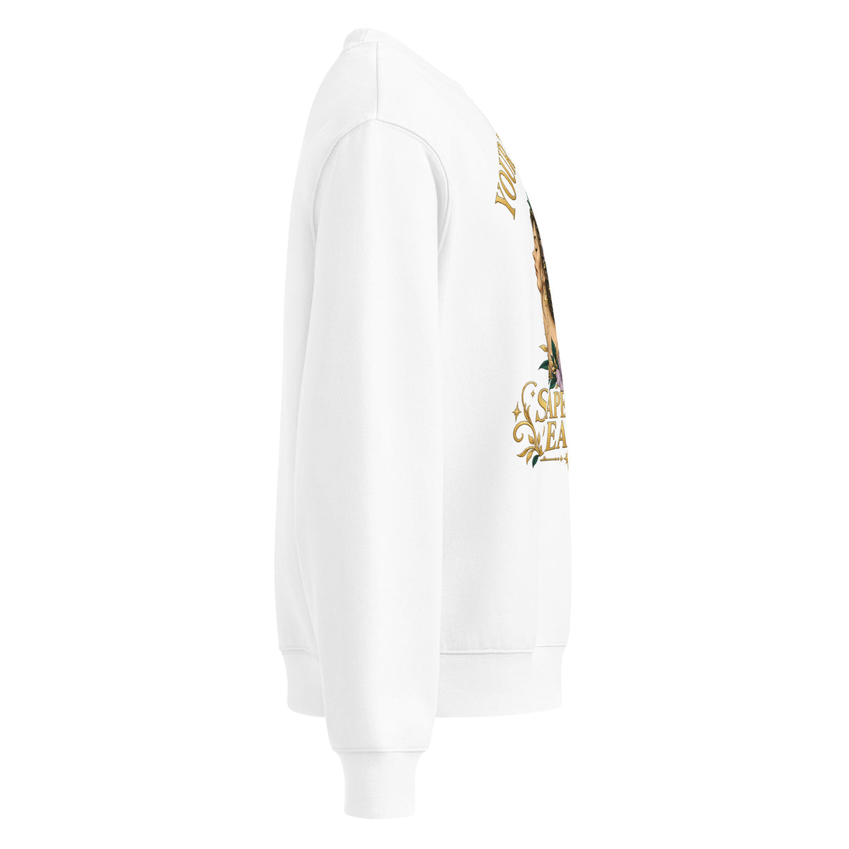 Your Thoughts Shape Your Reality oversized sweatshirt in white, right side, showing the dropped sleeve and ribbed cuff.