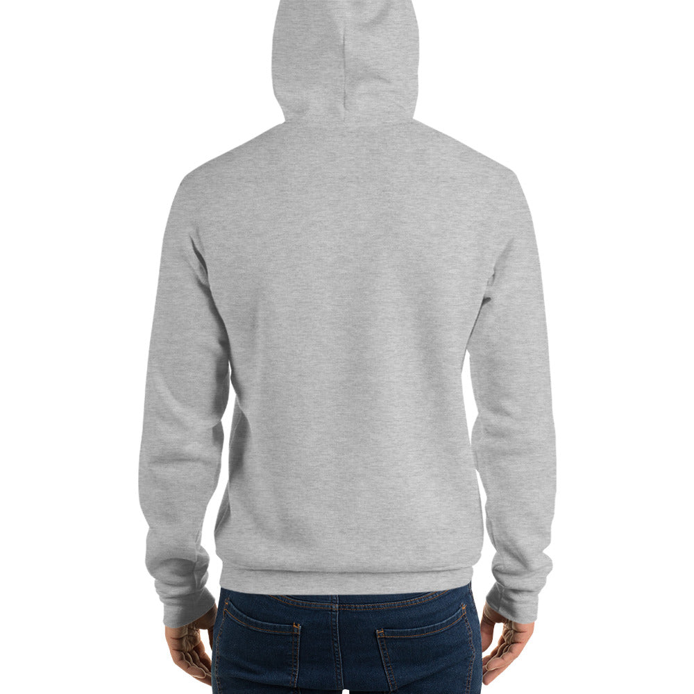 My Guardian Angel Rides Shotgun design, on an athletic heather pullover hoodie worn by a model, plain back view with no design
