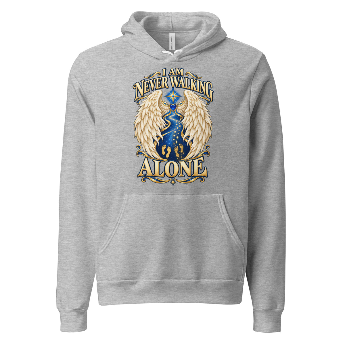 I Am Never Walking Alone design, cream angel wings framing a starry path with two sets of gold footprints and a blue gem heart, on an athletic heather unisex pullover hoodie, front view