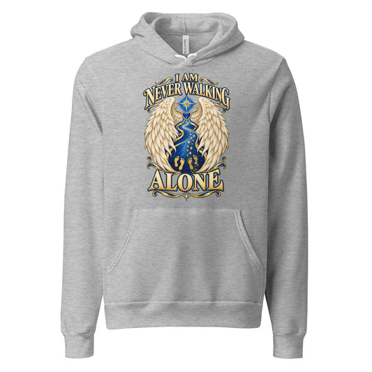 I Am Never Walking Alone design, cream angel wings framing a starry path with two sets of gold footprints and a blue gem heart, on an athletic heather unisex pullover hoodie, front view