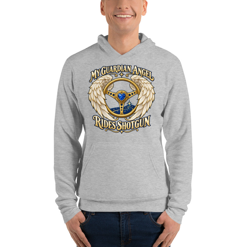 My Guardian Angel Rides Shotgun design, a gold steering wheel with a blue gem at its center, framed by cream angel wings, on an athletic heather pullover hoodie worn by a model, front view