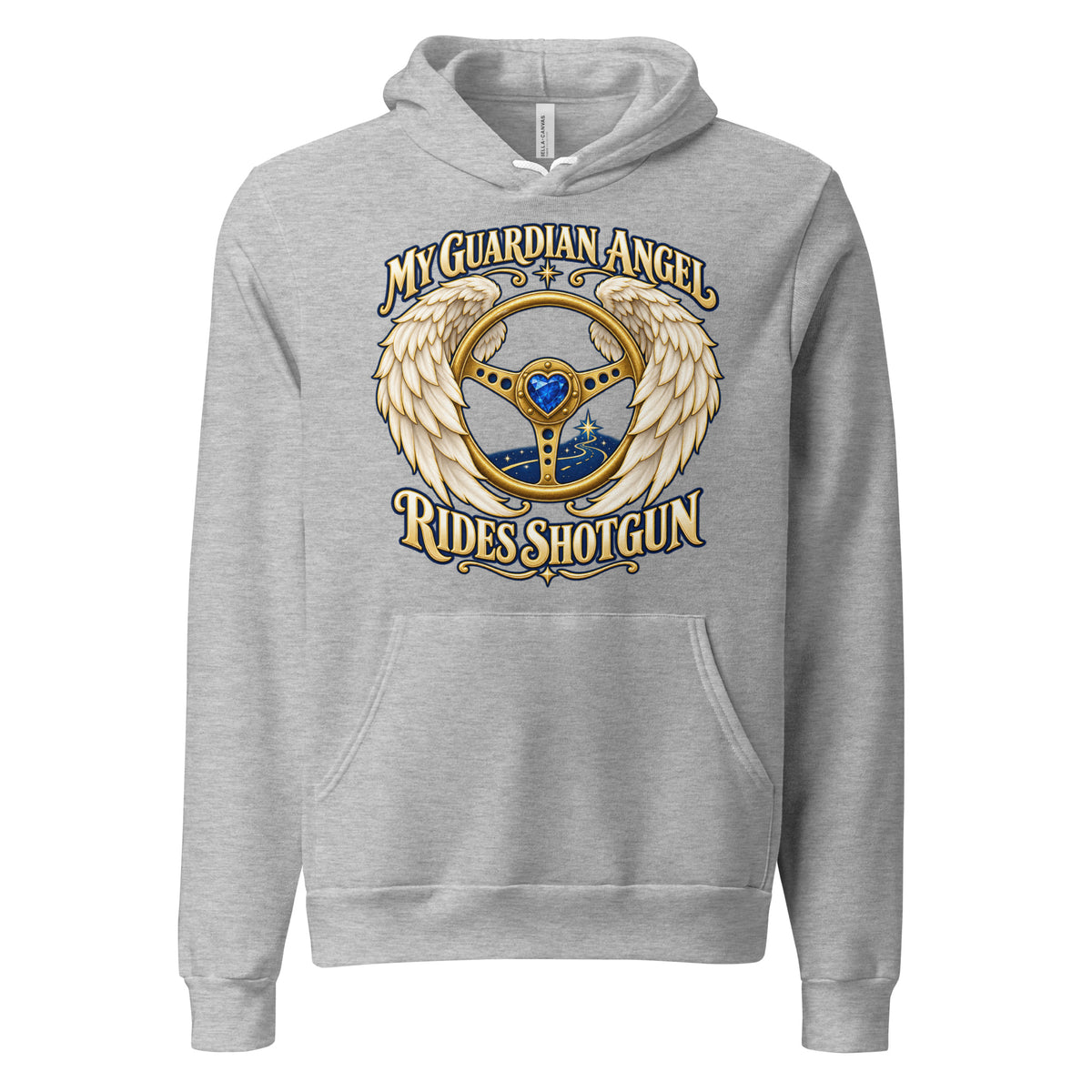My Guardian Angel Rides Shotgun design, a gold steering wheel with a blue gem at its center, framed by cream angel wings, on an athletic heather unisex pullover hoodie, front view