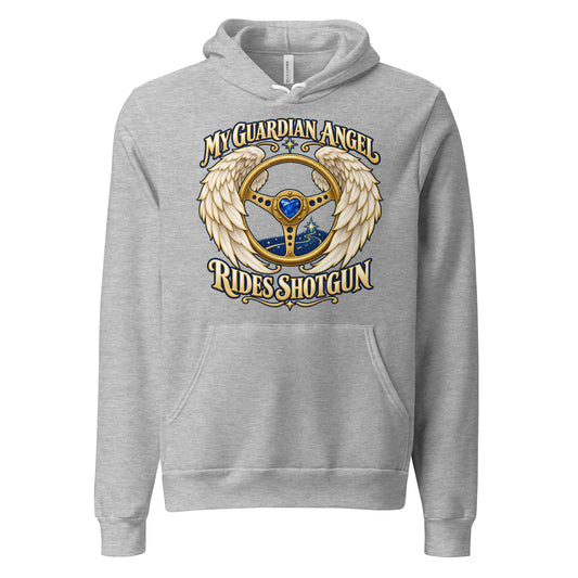 My Guardian Angel Rides Shotgun design, a gold steering wheel with a blue gem at its center, framed by cream angel wings, on an athletic heather unisex pullover hoodie, front view