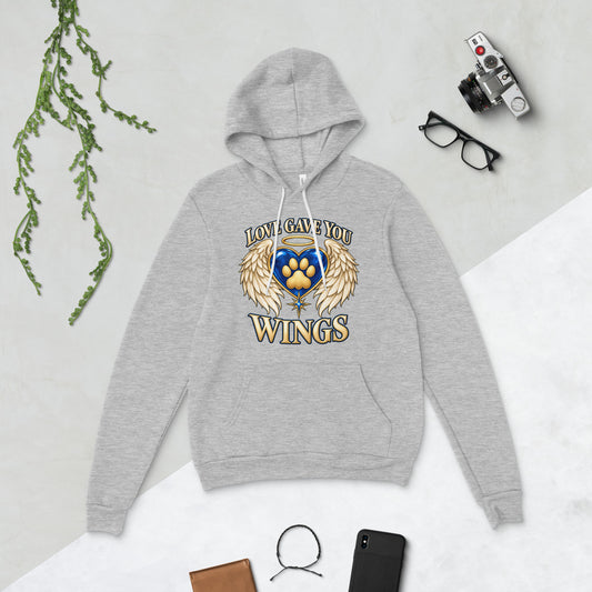 Love Gave You Wings design, a blue gem heart with a gold halo, cream angel wings and a gold cat paw print at its center, under gold lettering, on an athletic heather unisex pullover hoodie, front view
