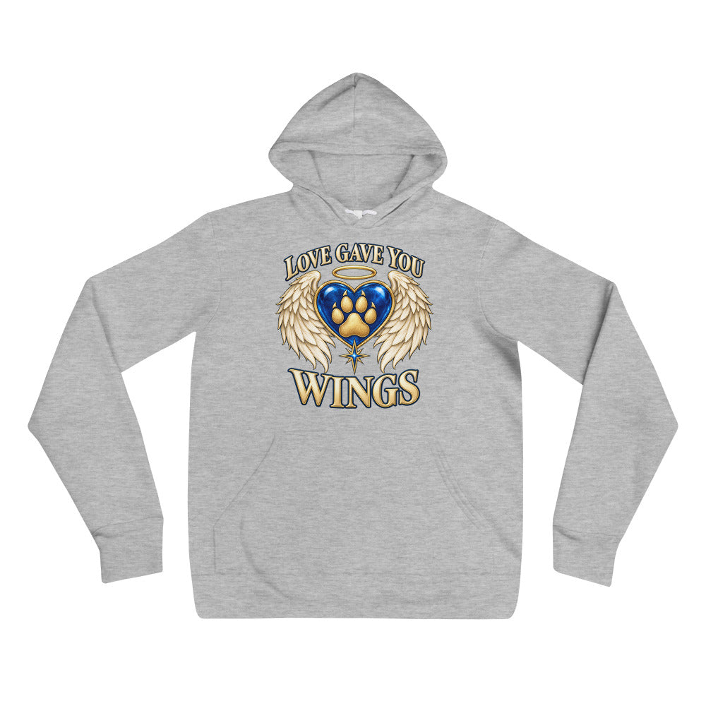 Love Gave You Wings design, a blue gem heart with a gold halo, cream angel wings and a gold dog paw print at its center, under gold lettering, on an athletic heather unisex pullover hoodie, front view