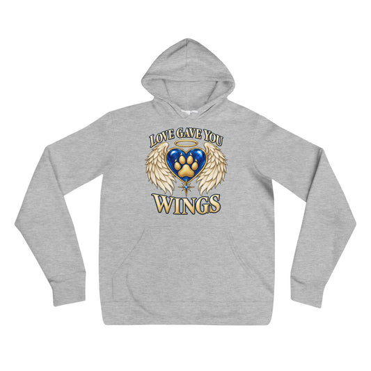 Love Gave You Wings design, a blue gem heart with a gold halo, cream angel wings and a gold dog paw print at its center, under gold lettering, on an athletic heather unisex pullover hoodie, front view