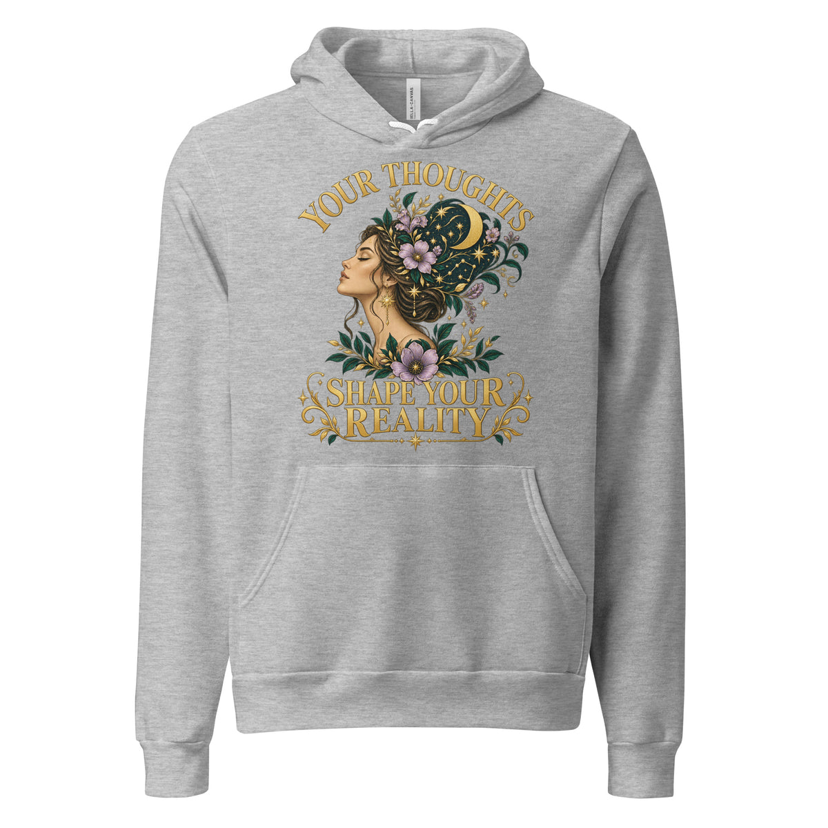 Your Thoughts Shape Your Reality unisex hoodie in athletic heather, front. Gold lettering above a woman's profile with her thoughts becoming stars and lavender.