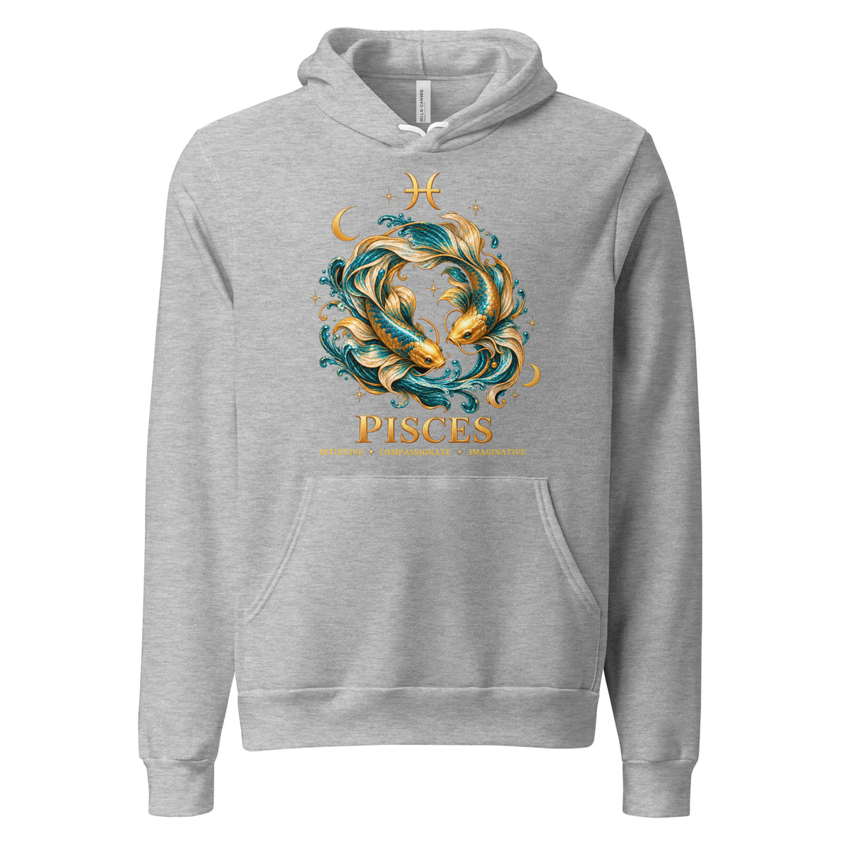 Pisces zodiac hoodie in athletic heather, front: two gold and teal koi in a night sky of gold stars with the Pisces glyph