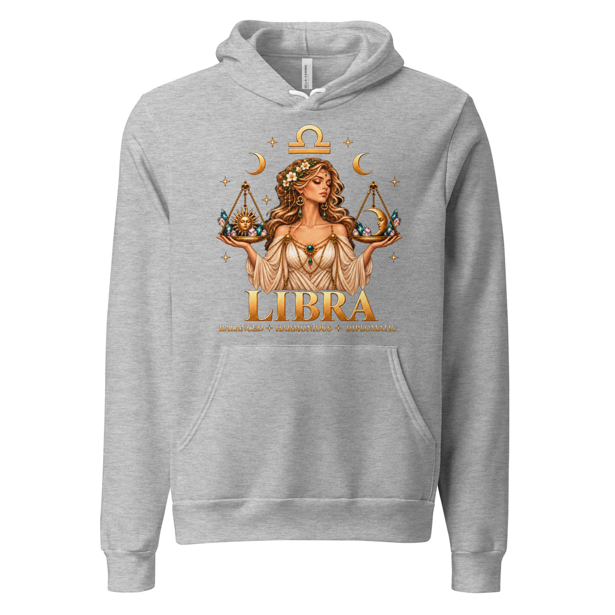 Libra zodiac hoodie in athletic heather, front: a woman holding golden scales in a night sky of gold stars with the Libra glyph