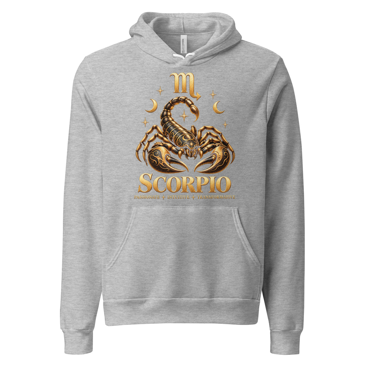 Scorpio zodiac hoodie in athletic heather, front: a golden scorpion in a night sky of gold stars with the Scorpio glyph