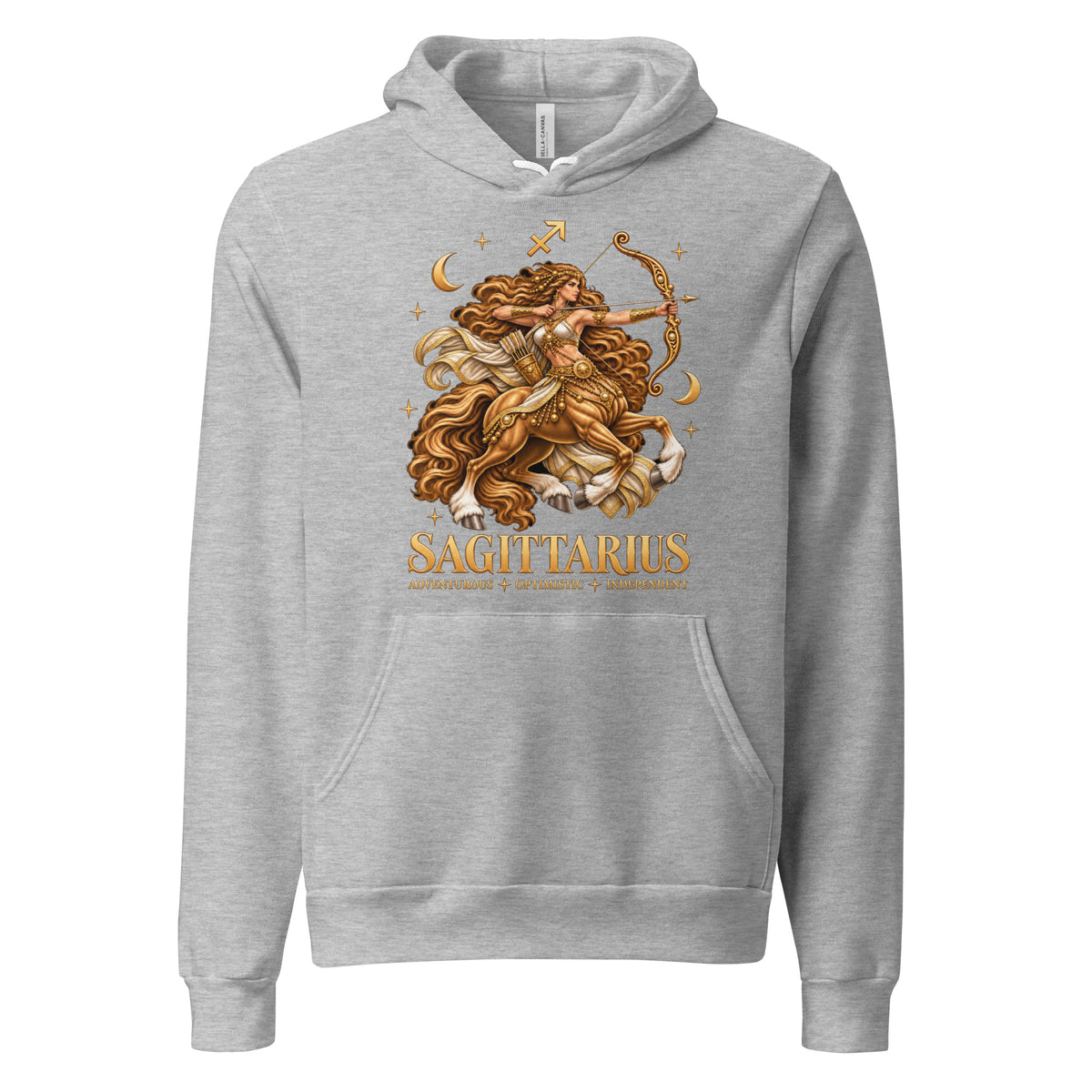 Sagittarius zodiac hoodie in athletic heather, front: a golden centaur archer in a night sky of gold stars with the Sagittarius glyph