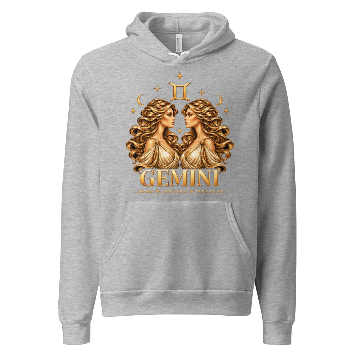Gemini zodiac hoodie in athletic heather, front: golden twins face to face in a night sky of gold stars
