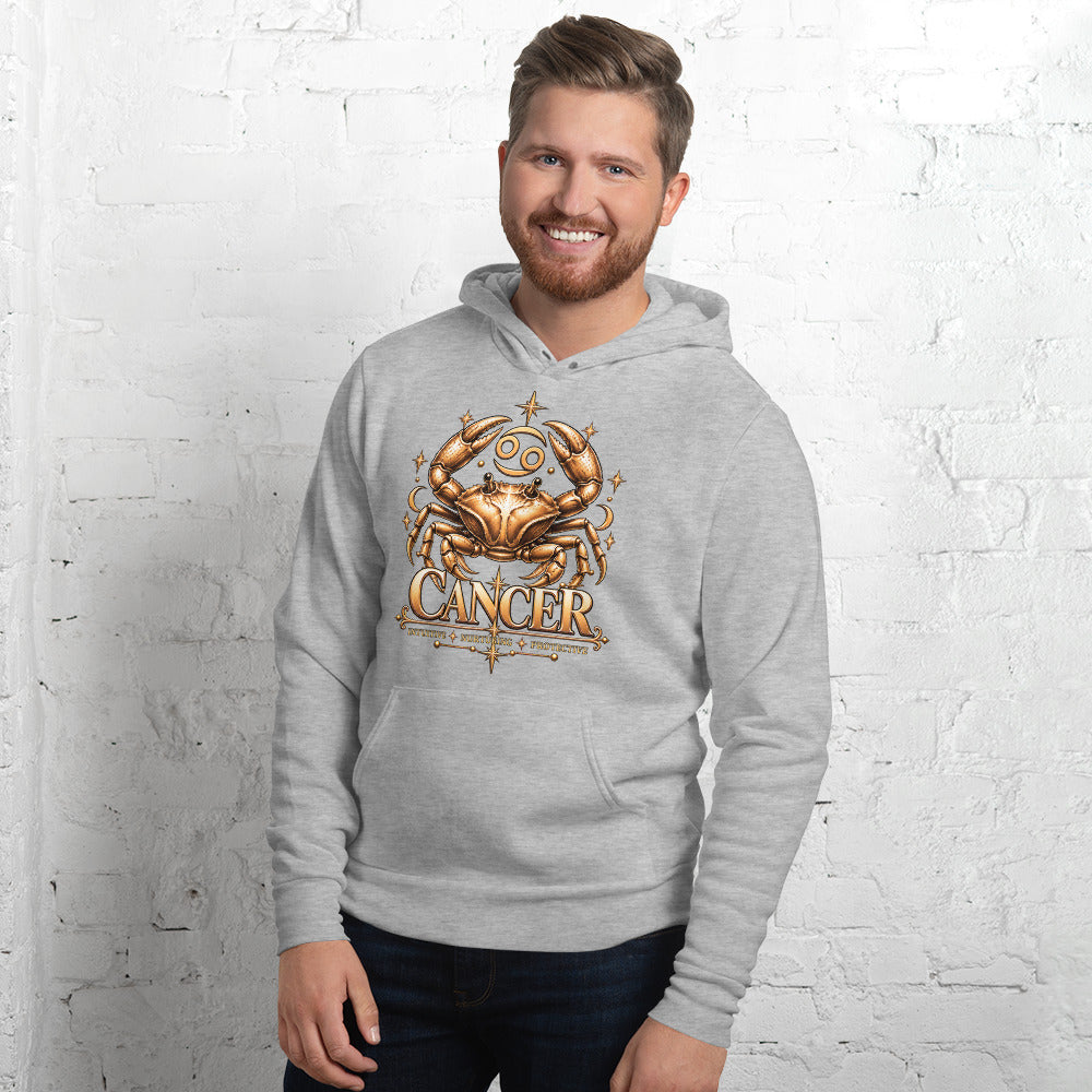 Cancer zodiac hoodie in athletic heather, front: a golden crab with claws raised in a night sky of gold stars