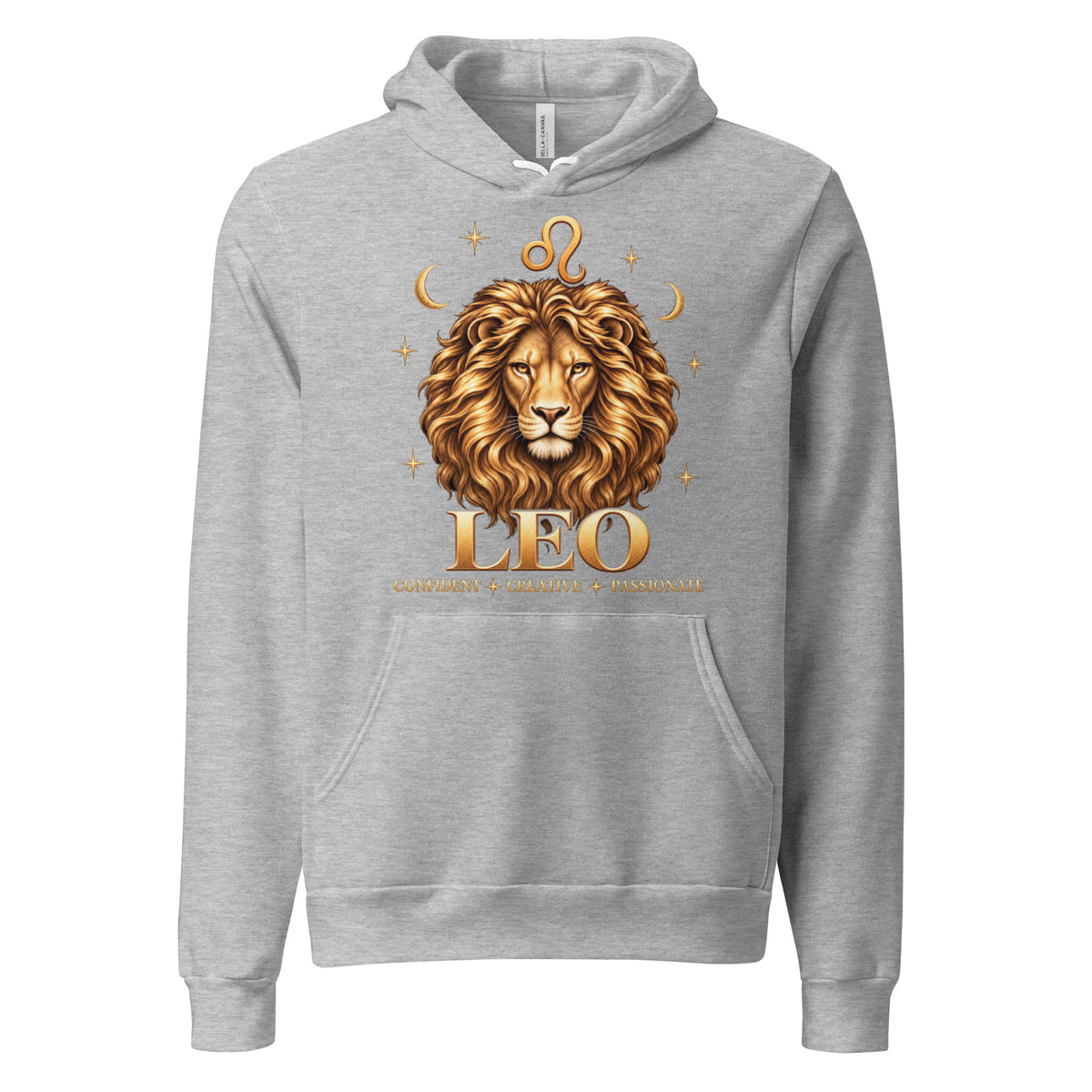 Leo zodiac hoodie in athletic heather, front: a golden lion with a full flowing mane in a night sky of gold stars