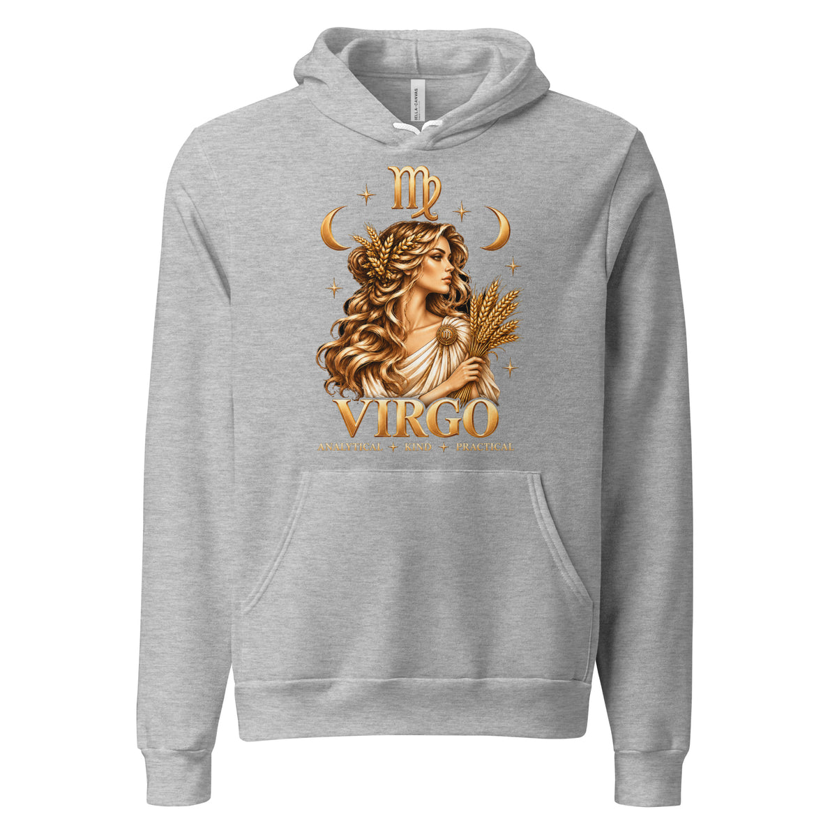 Virgo zodiac hoodie in athletic heather, front: a golden maiden holding a sheaf of wheat in a night sky of gold stars