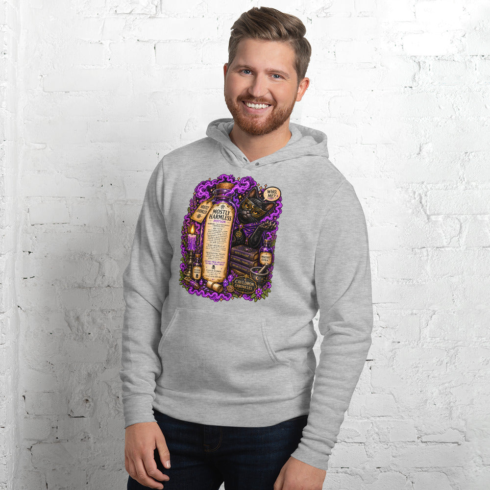 Mostly Harmless design, a potion bottle and a masked black cat, on an athletic heather unisex hoodie, front view
