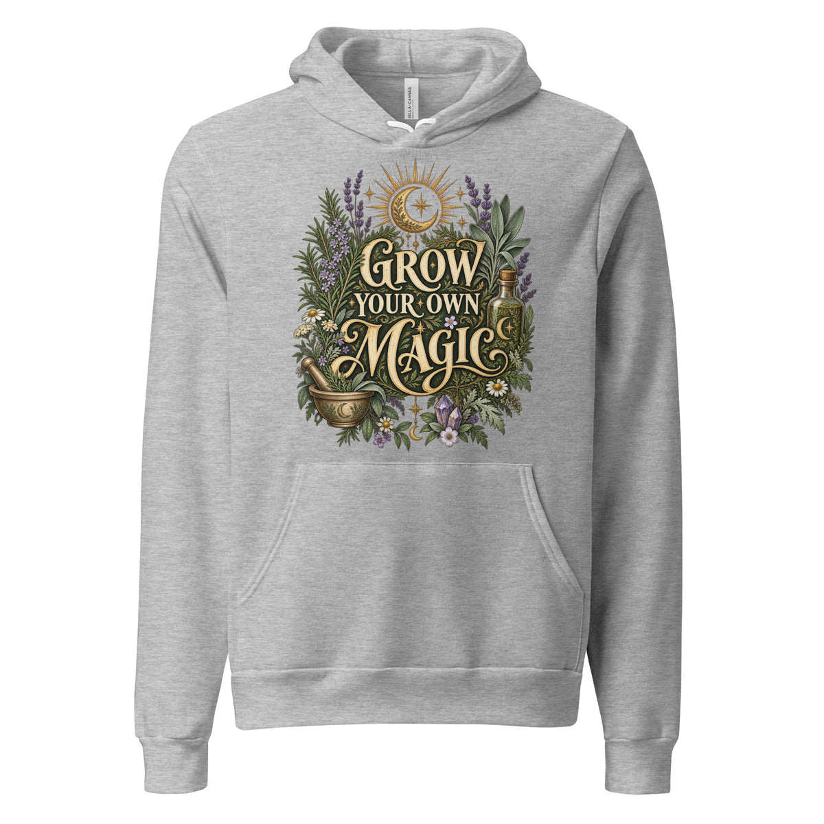 Grow Your Own Magic herbology design, herbs and a golden moon, on an athletic heather unisex hoodie, front view