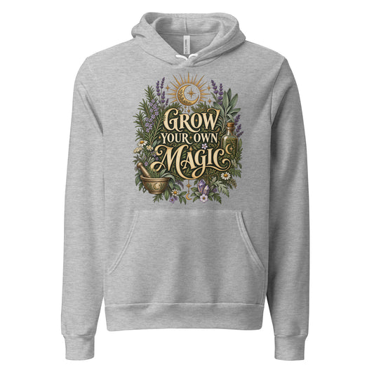 Grow Your Own Magic herbology design, herbs and a golden moon, on an athletic heather unisex hoodie, front view