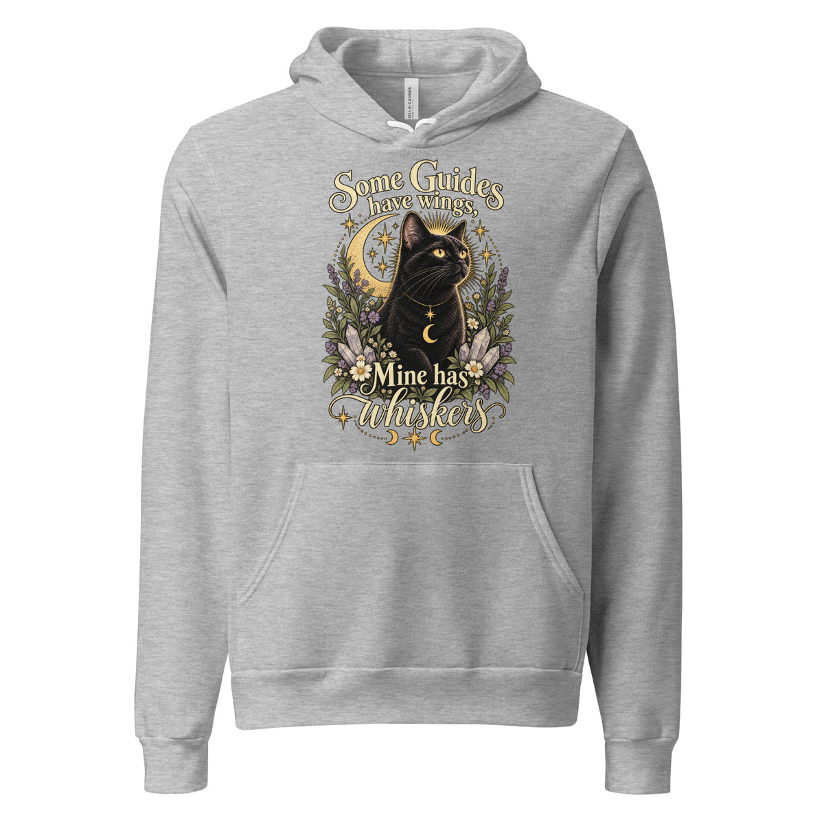 Some Guides Have Wings Mine Has Whiskers design, a black cat under a golden moon with lavender and crystals, on an athletic heather unisex hoodie, front view