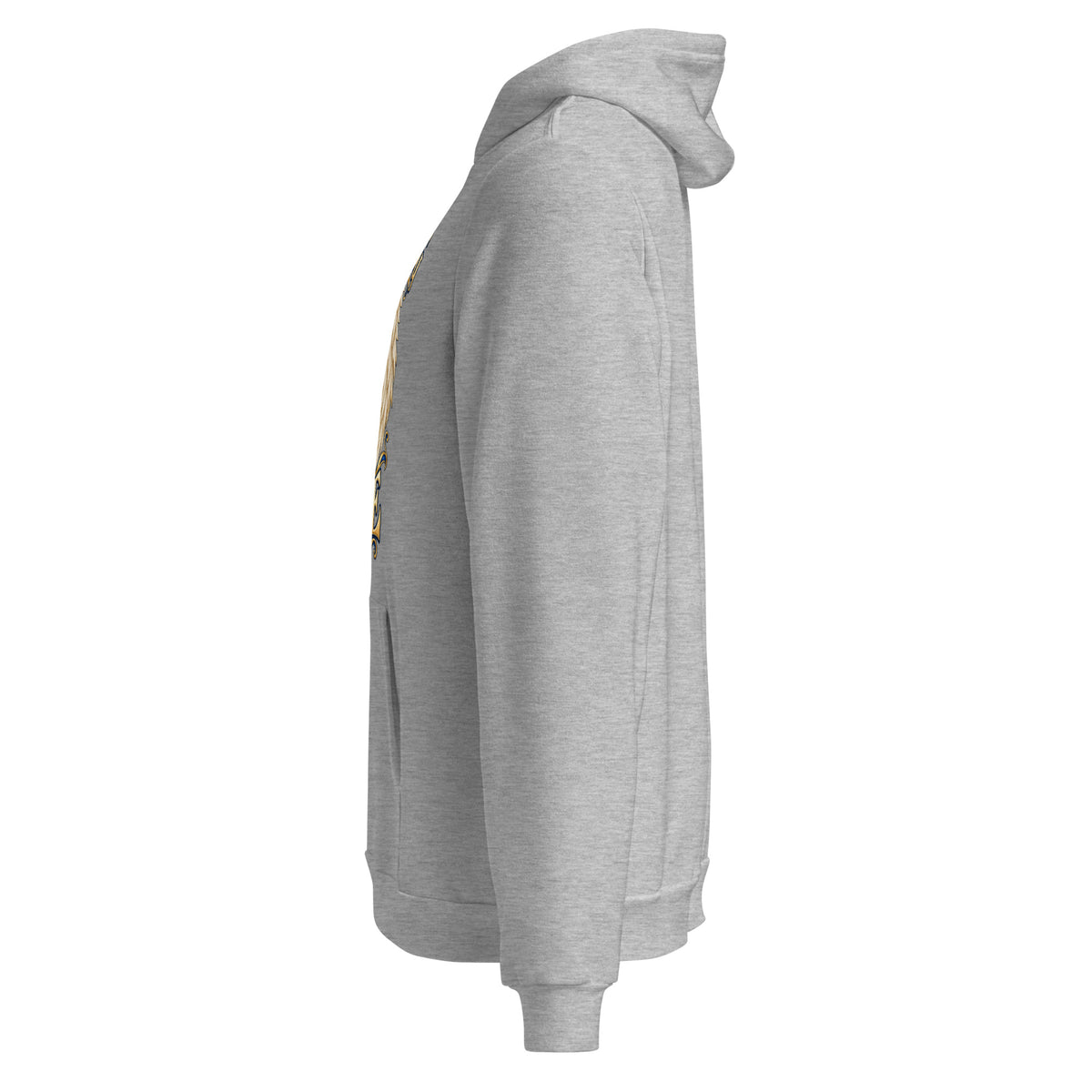 I Am Never Walking Alone design, cream angel wings framing a starry path with gold footprints, on an athletic heather unisex pullover hoodie, left side view