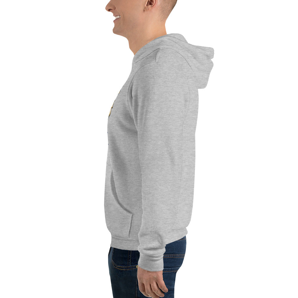 My Guardian Angel Rides Shotgun design, a gold steering wheel framed by cream angel wings, on an athletic heather pullover hoodie worn by a model, left side view