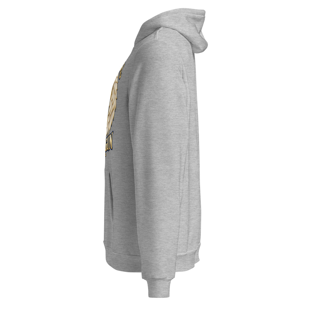 My Guardian Angel Rides Shotgun design, a gold steering wheel framed by cream angel wings, on an athletic heather unisex pullover hoodie, left side view
