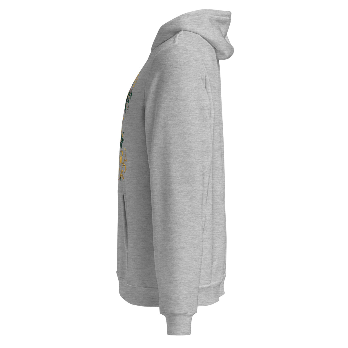 Your Thoughts Shape Your Reality unisex hoodie in athletic heather, left side, laid flat, showing the sleeve and pouch pocket.