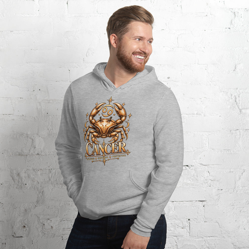 Cancer zodiac hoodie in athletic heather, front view angled left