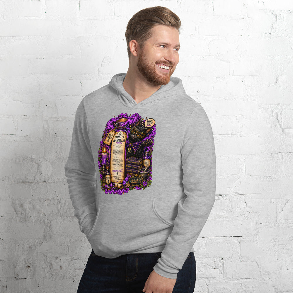 Mostly Harmless design on an athletic heather unisex hoodie, left front view