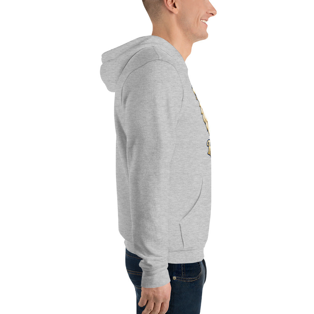 My Guardian Angel Rides Shotgun design, a gold steering wheel framed by cream angel wings, on an athletic heather pullover hoodie worn by a model, right side view