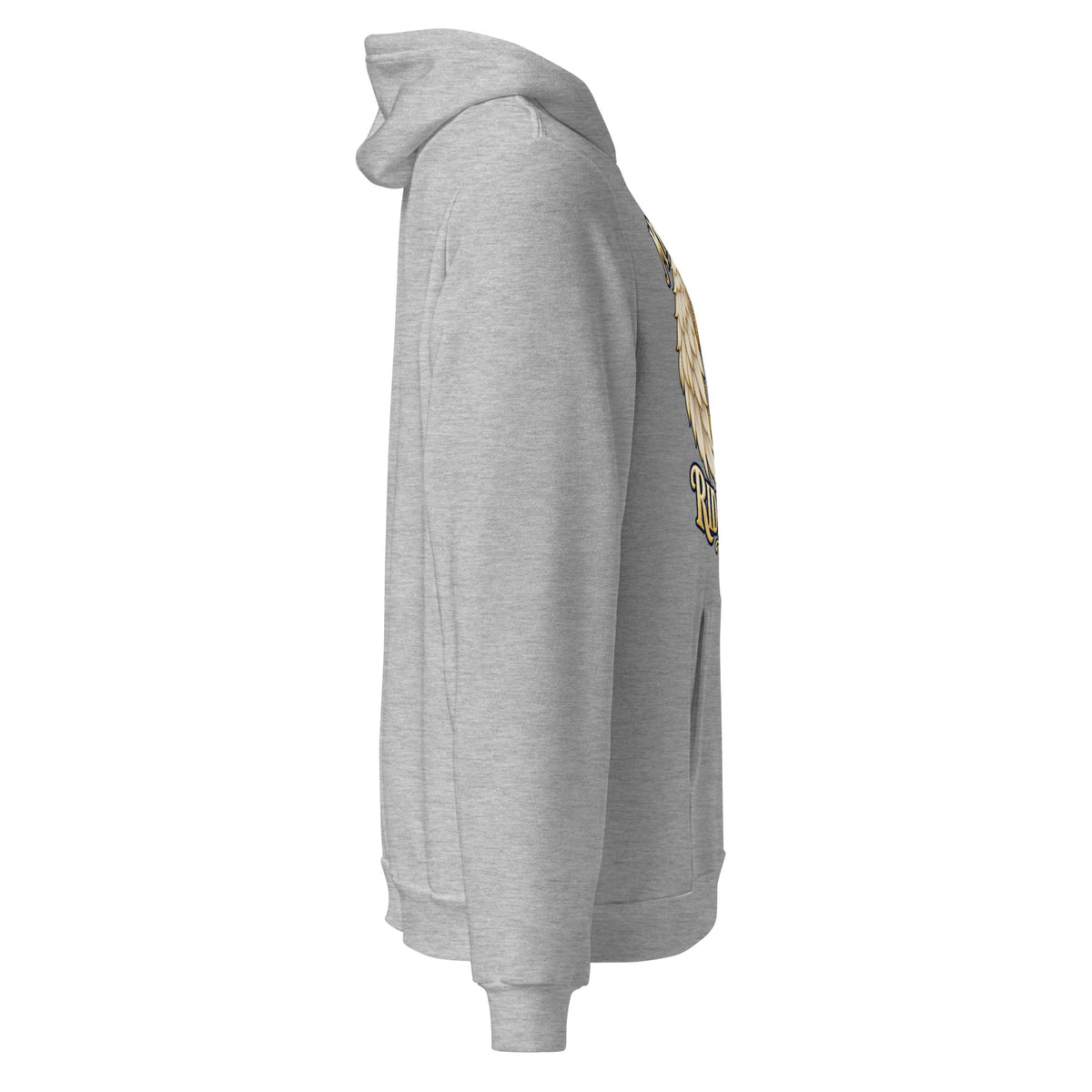 My Guardian Angel Rides Shotgun design, a gold steering wheel framed by cream angel wings, on an athletic heather unisex pullover hoodie, right side view