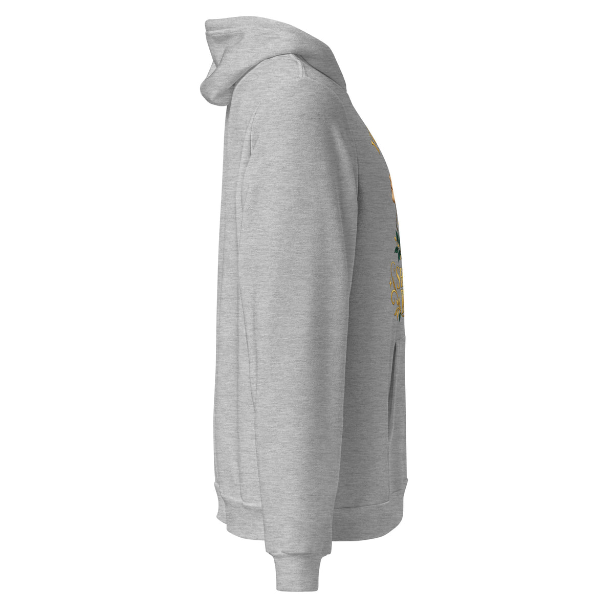 Your Thoughts Shape Your Reality unisex hoodie in athletic heather, right side, laid flat, showing the sleeve and drawcords.