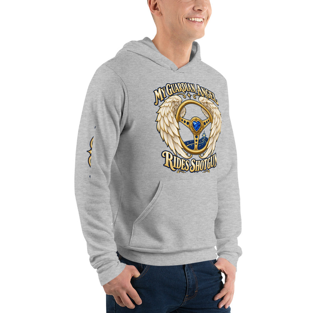 My Guardian Angel Rides Shotgun design, a gold steering wheel framed by cream angel wings, on an athletic heather pullover hoodie worn by a model, angled to the right