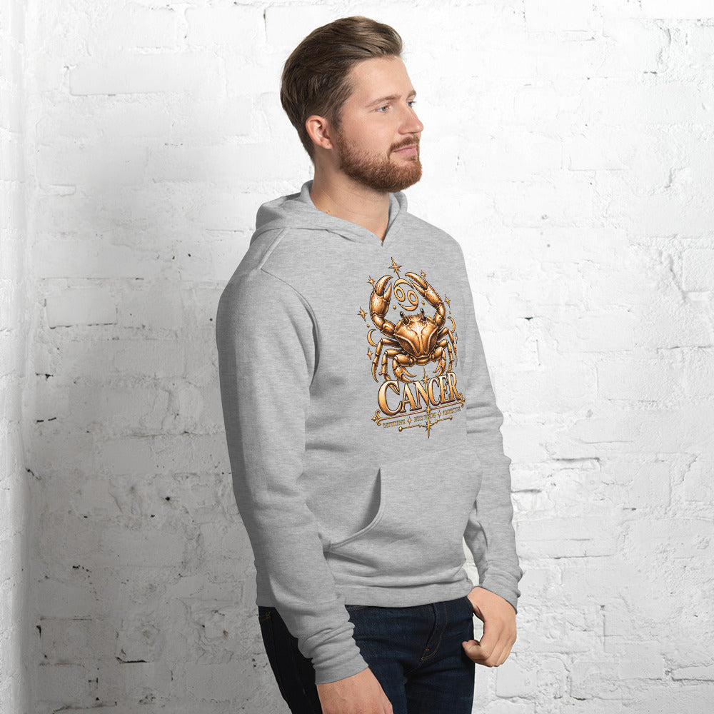 Cancer zodiac hoodie in athletic heather, front view angled right