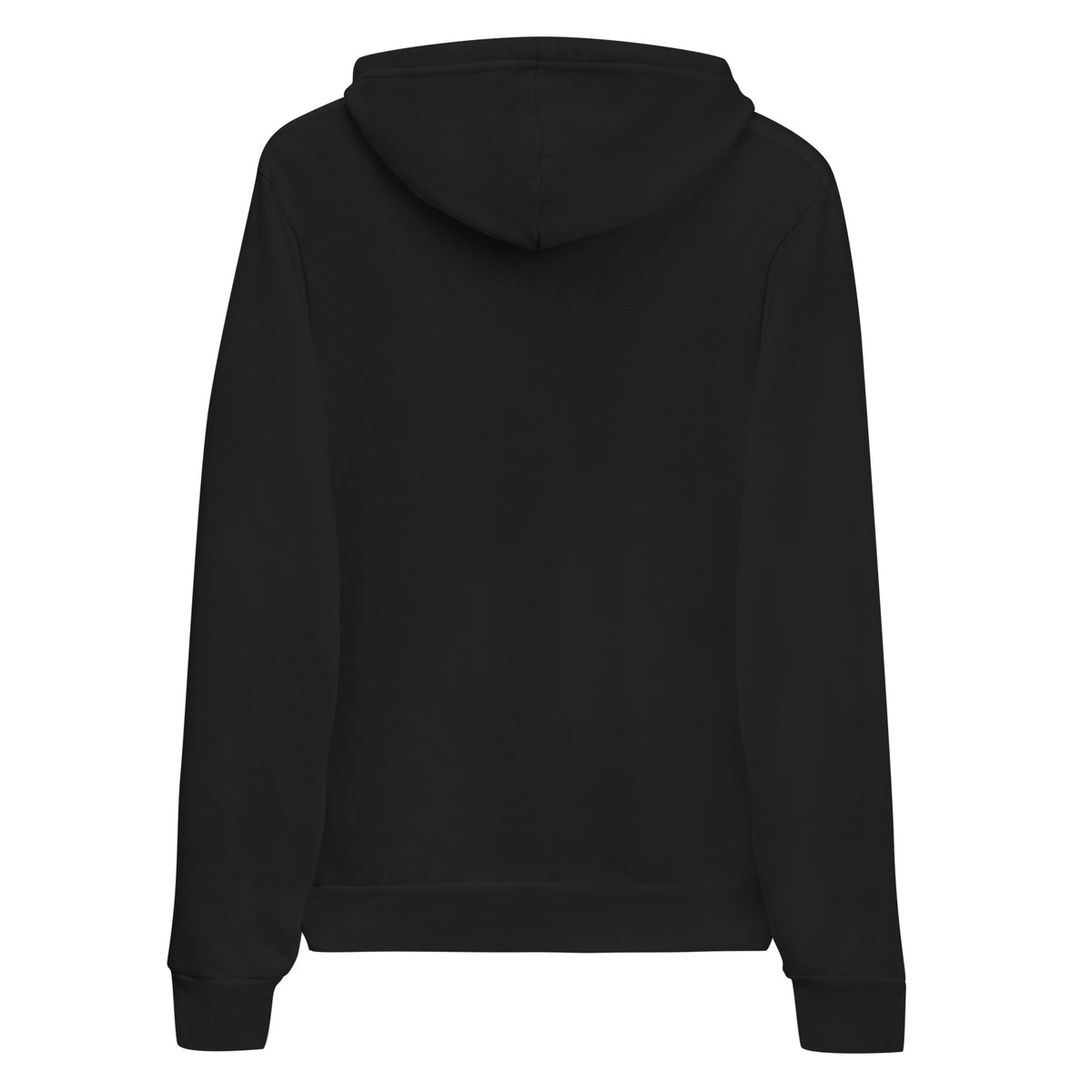The Veil Is Thin whimsigoth design, a raven, candles and spirits rising through a parted veil, on a black unisex pullover hoodie, back view